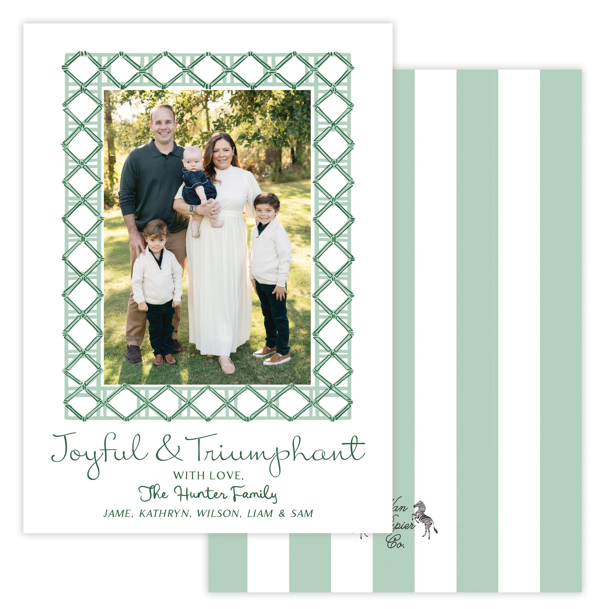 Family photo christmas card with decorative bamboo border and text