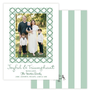 Family photo christmas card with decorative bamboo border and text