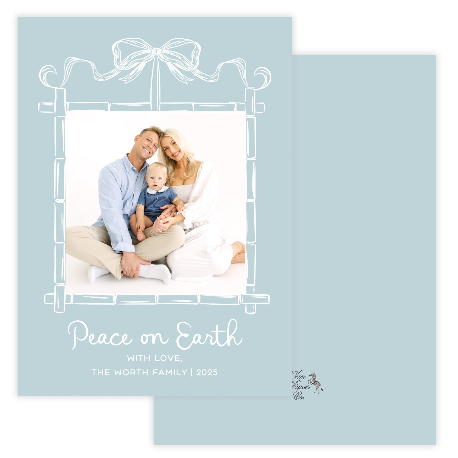 Holiday card with a family photo and checkered pattern