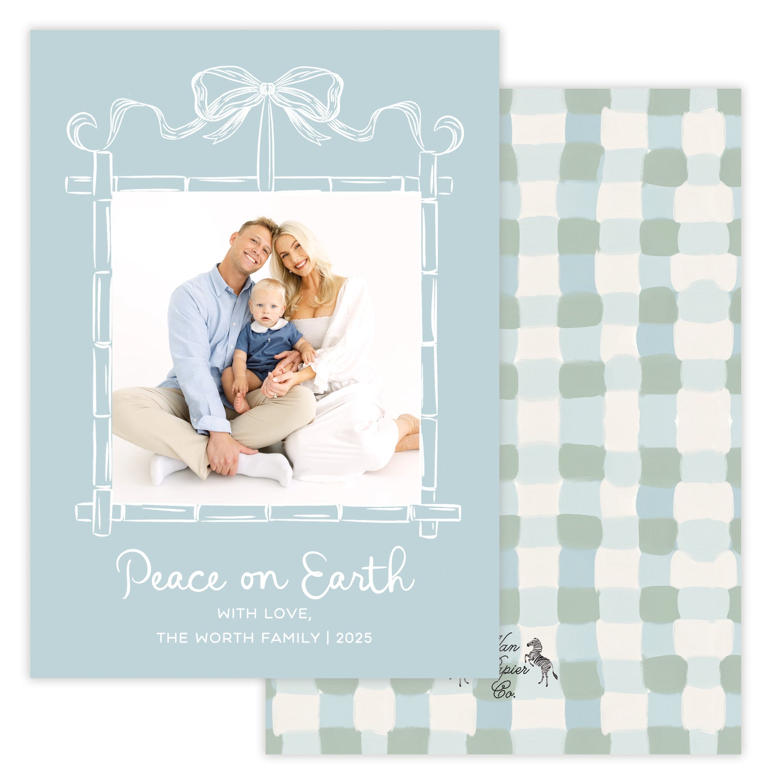 Holiday card with a family photo and checkered pattern
