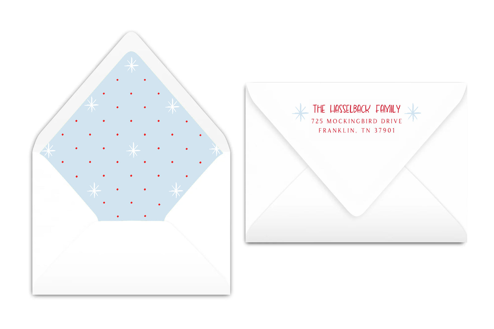 Holiday card with children and text 'More Cheer This Year' on a blue background with red dots and white stars.