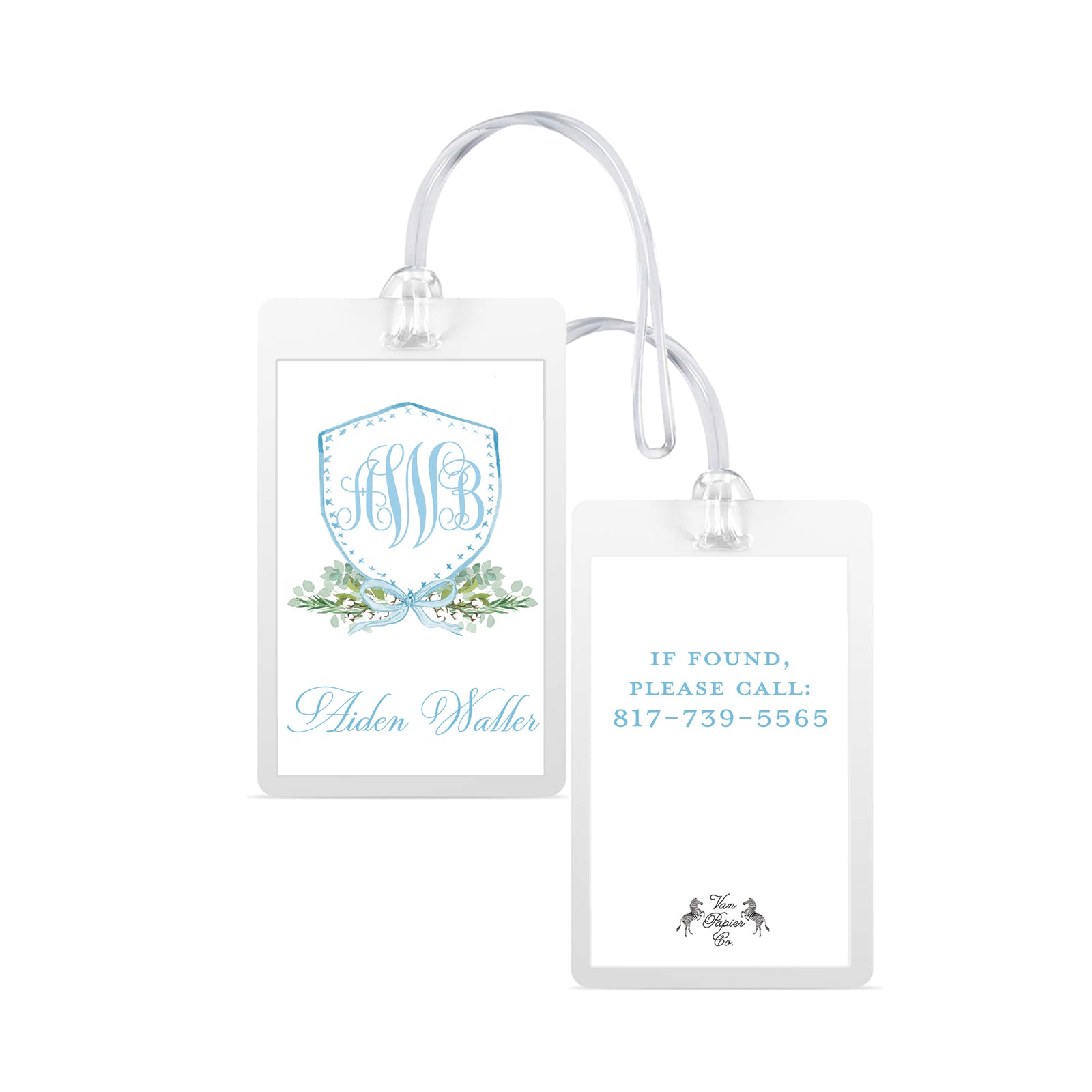 Boys Monogrammed Crest Laminated Bag Tag