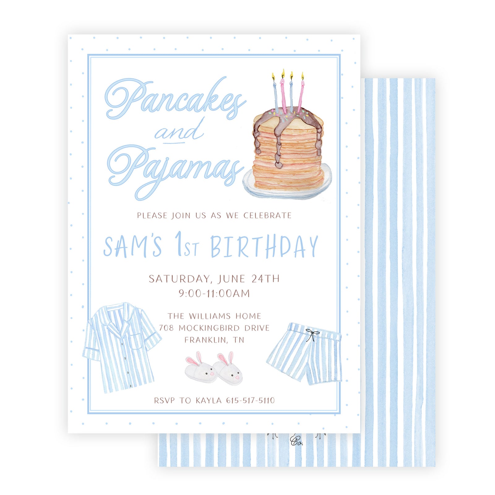 Blue Pancakes and Pajamas Birthday Invitation