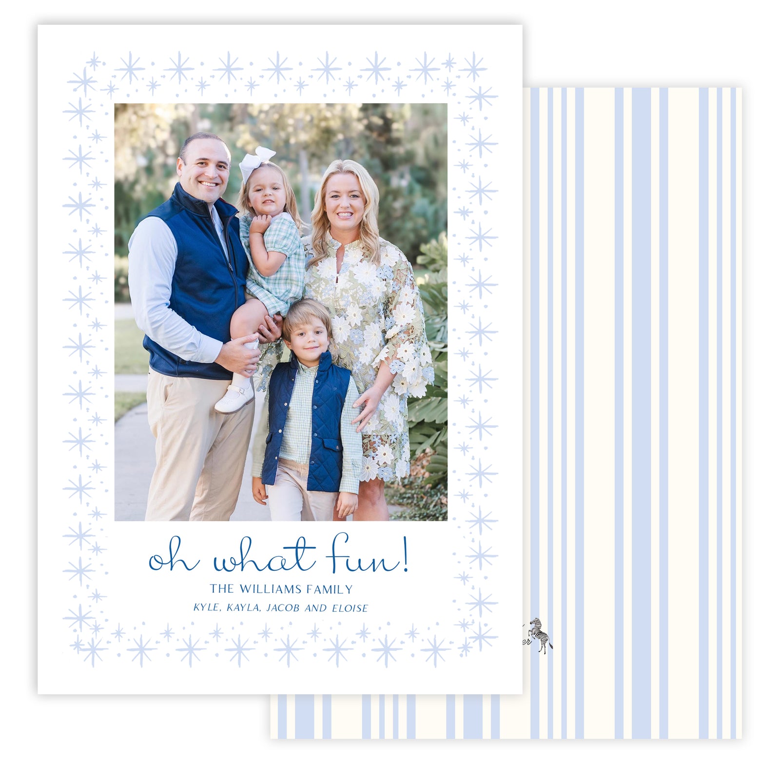 Family photo with 'oh what fun!' text on a decorative star framed card with blue stripes