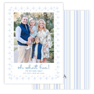 Family photo with 'oh what fun!' text on a decorative star framed card with blue stripes