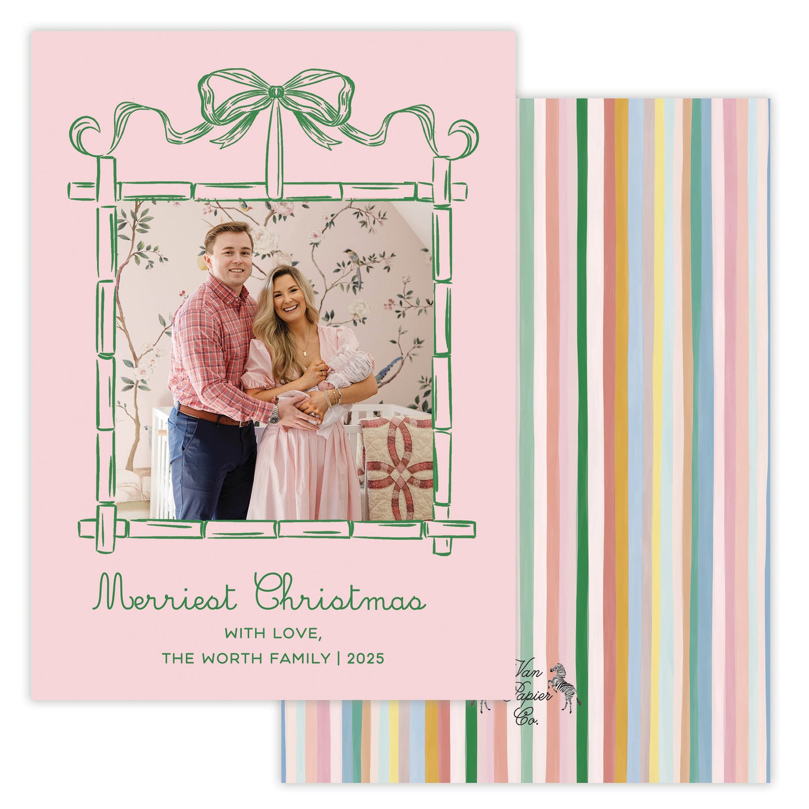Christmas card with a couple, decorative border, and colorful striped design.
