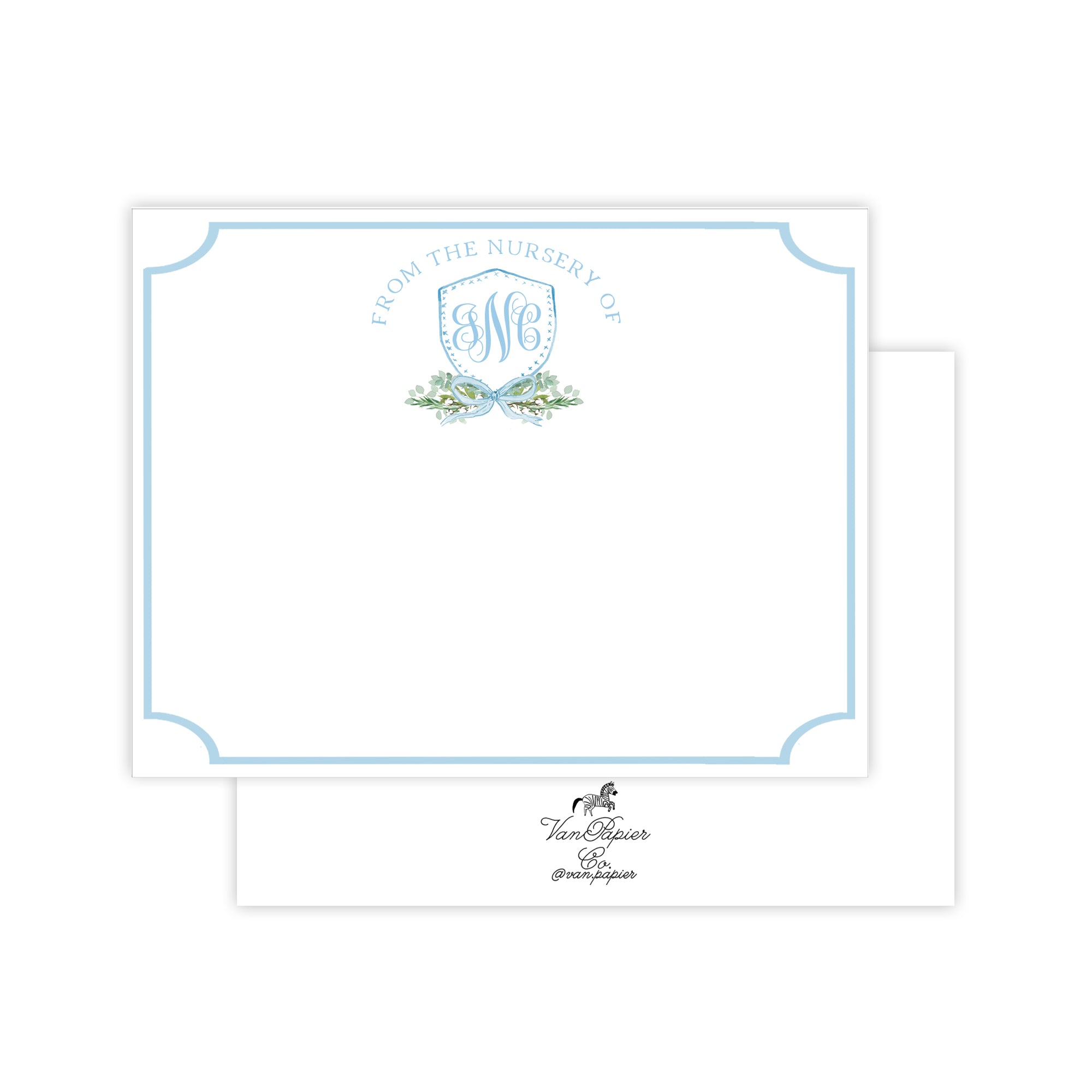 Watercolor Blue Monogram Crest Stationery