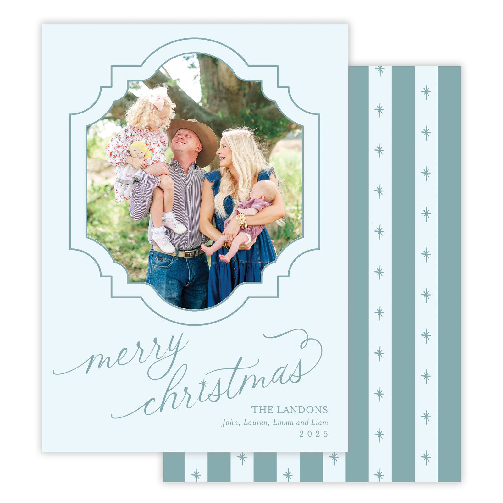 Christmas card with a family photo and calligraphy text of 'merry christmas' and decorative blue and light blue border.