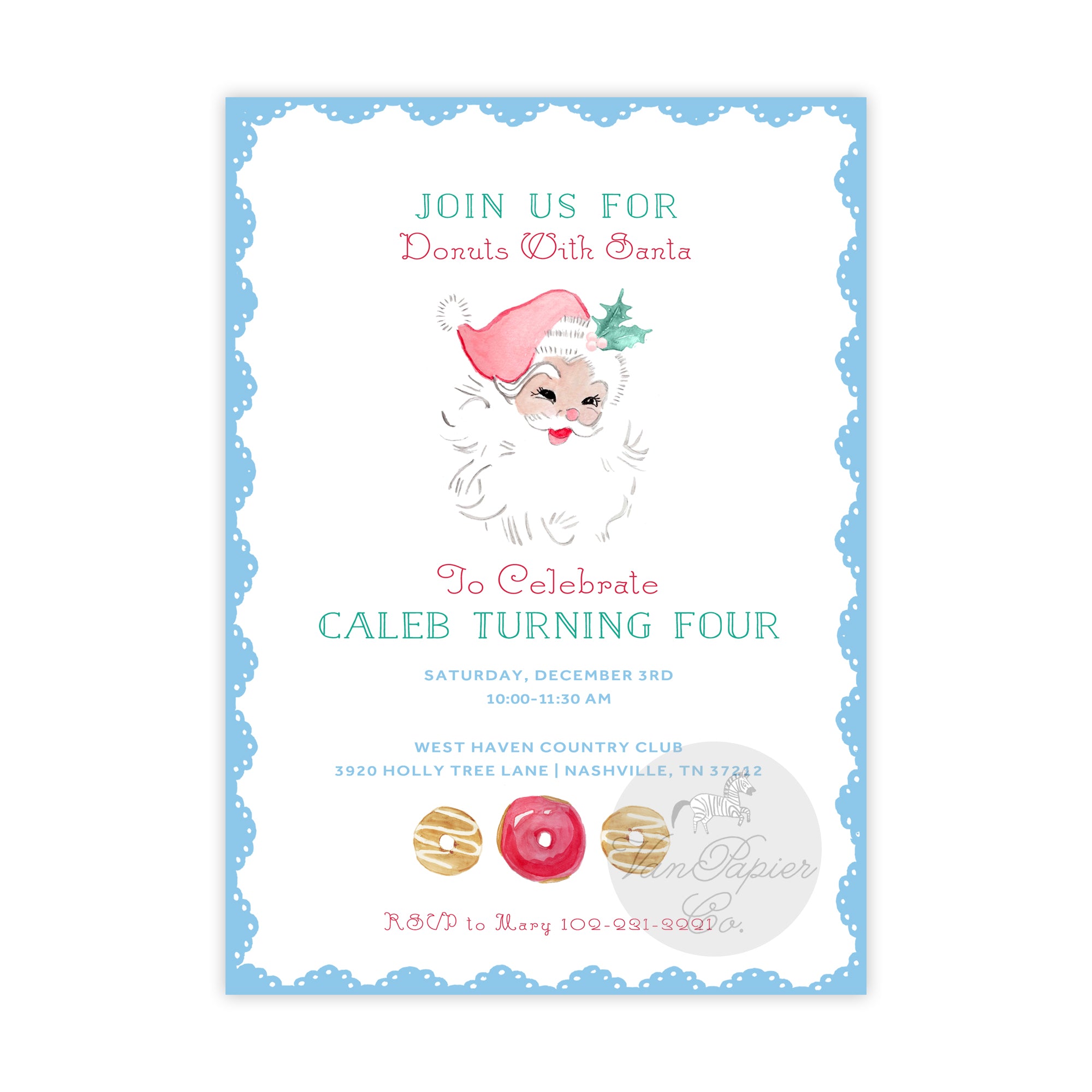 Watercolor Donuts with Santa Invitation