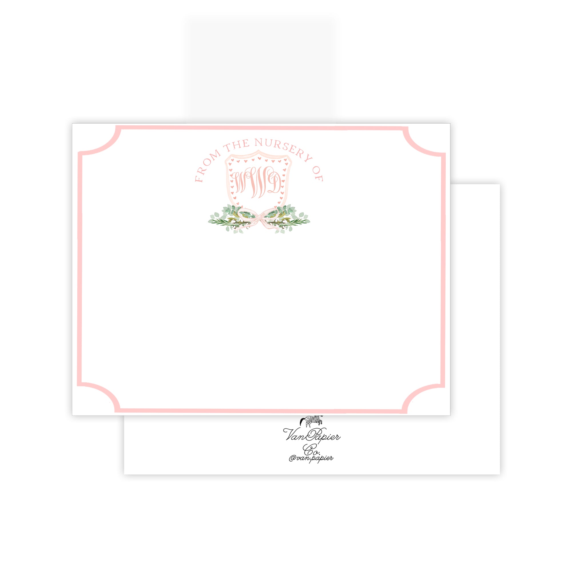 Watercolor Pink Monogram Crest Stationery