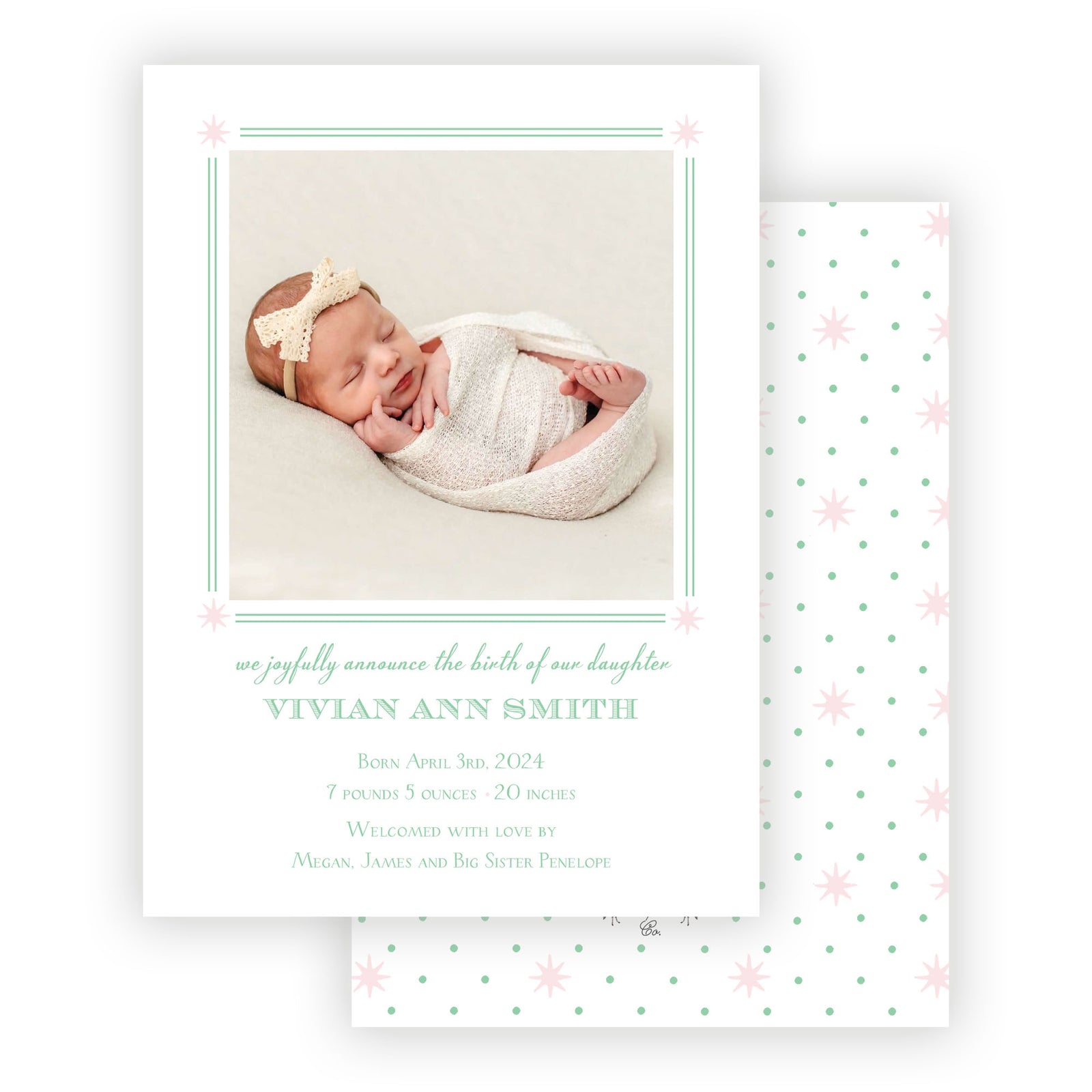 Pink and Green Star Dot Birth Announcement