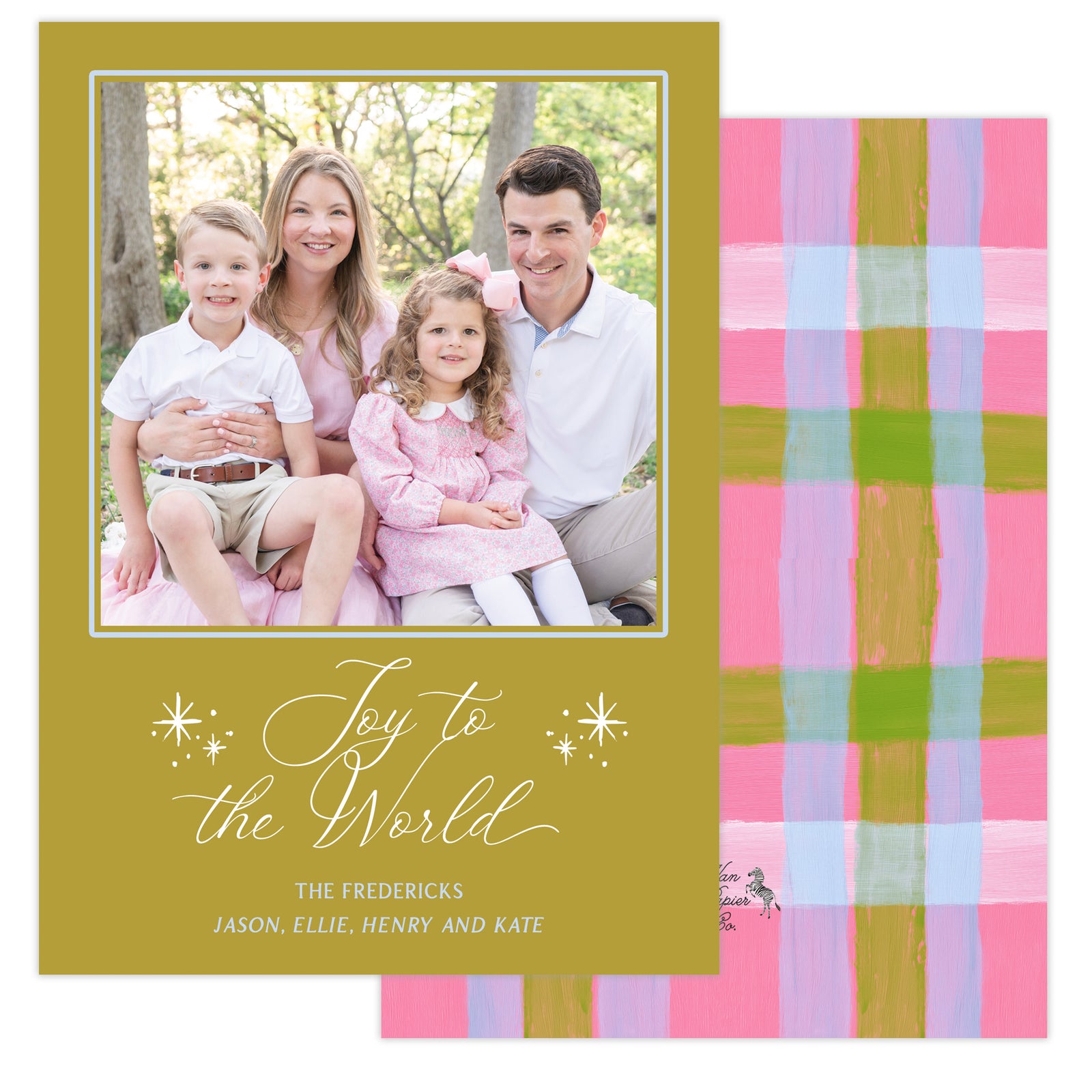 Family photo on a christmas card with 'Oh What Fun!' text and a colorful plaid pattern.