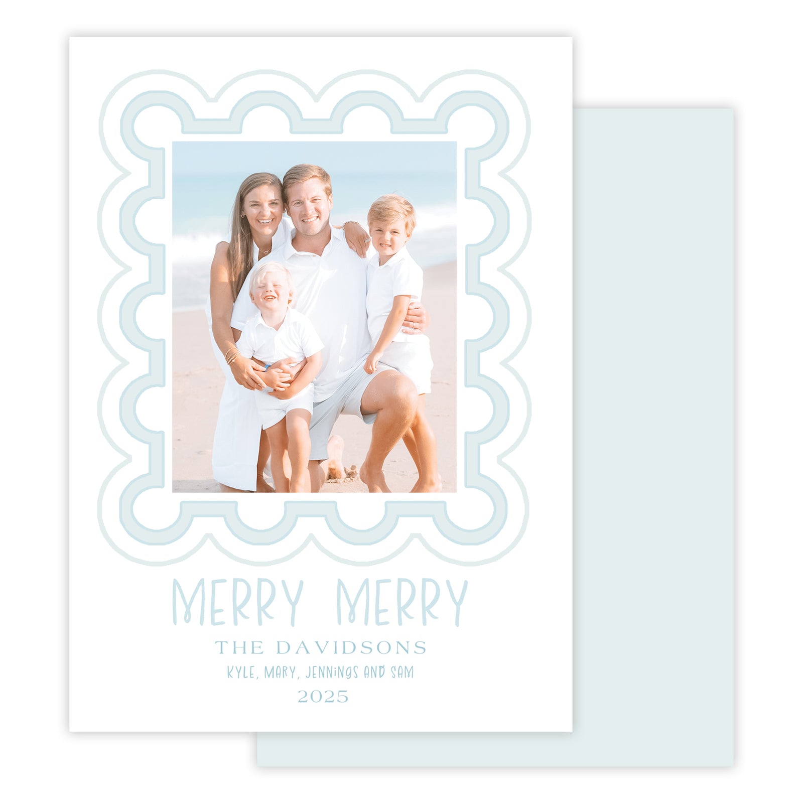 Family photo card with scalloped border and 'Merry Merry' text