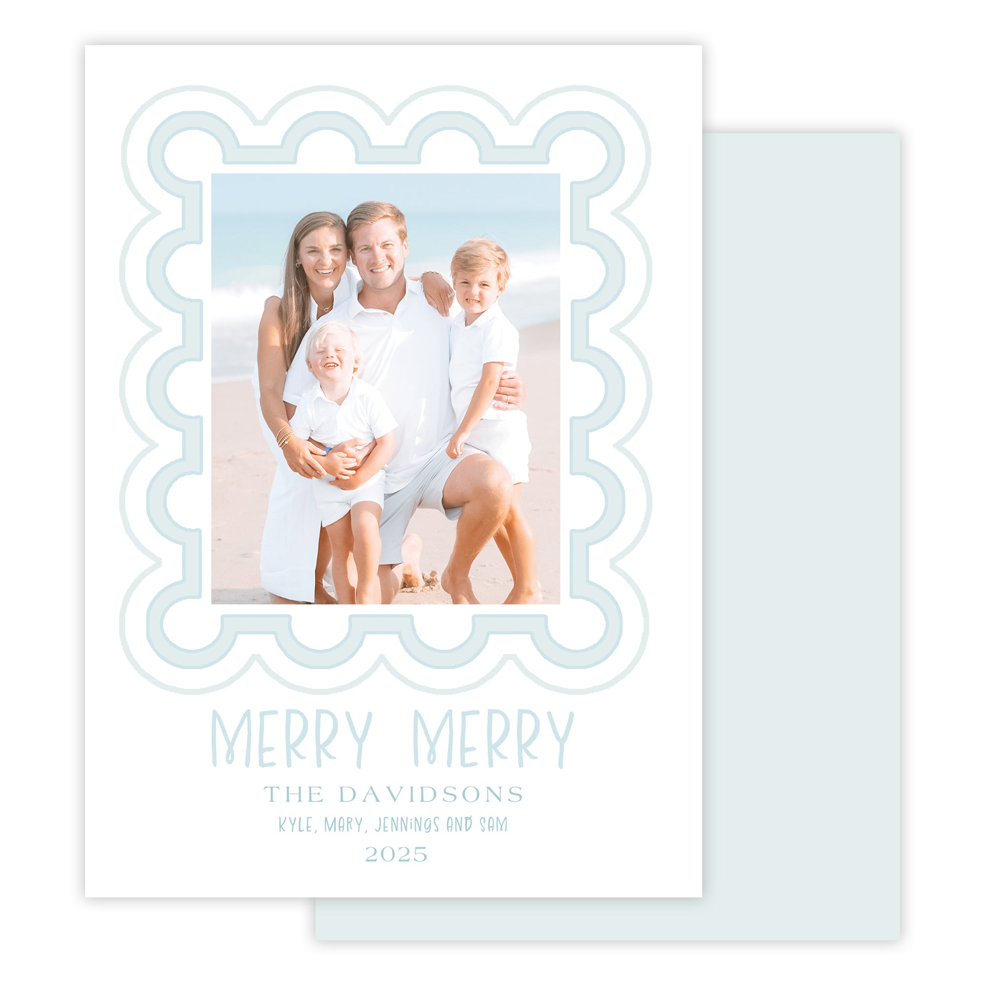 Family photo card with scalloped border and 'Merry Merry' text
