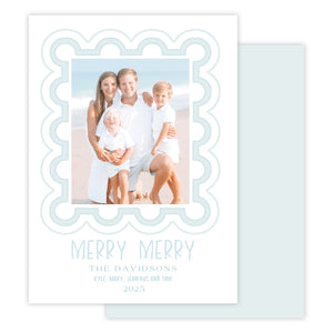 Family photo card with scalloped border and 'Merry Merry' text