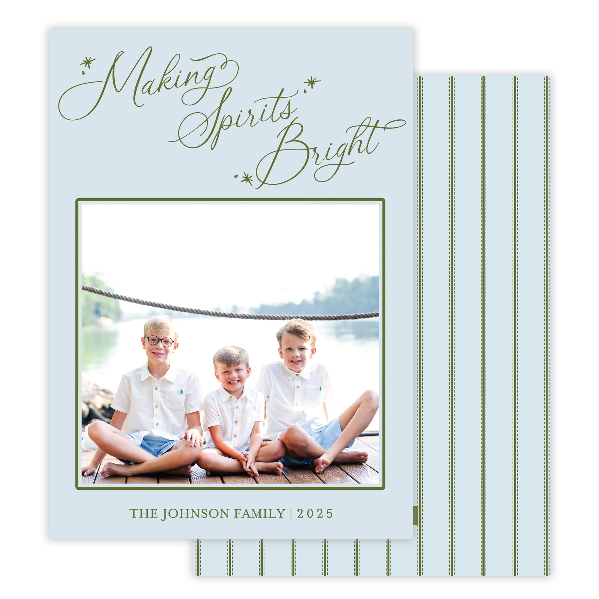 Holiday card with photo of three children sitting together, text 'Making Spirits Bright', and family name and year at the bottom.