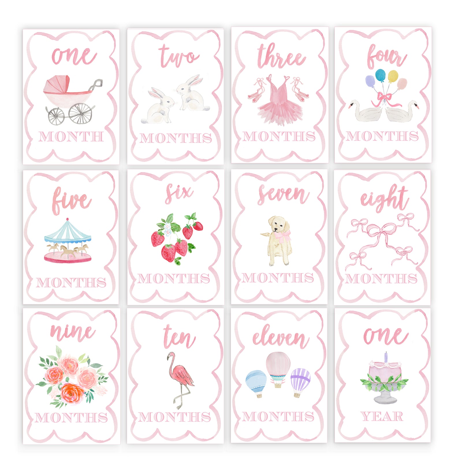 Girls Watercolor Scallop Milestone Cards