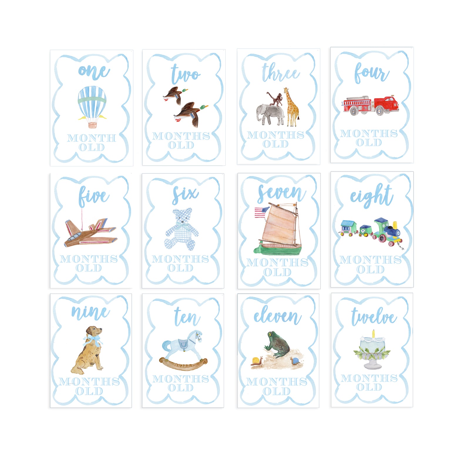 Boys Watercolor Scallop Milestone Cards