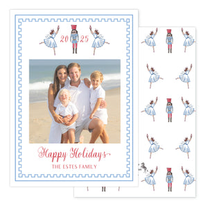 Holiday card with family photo and Nutcracker illustrations on a white background.