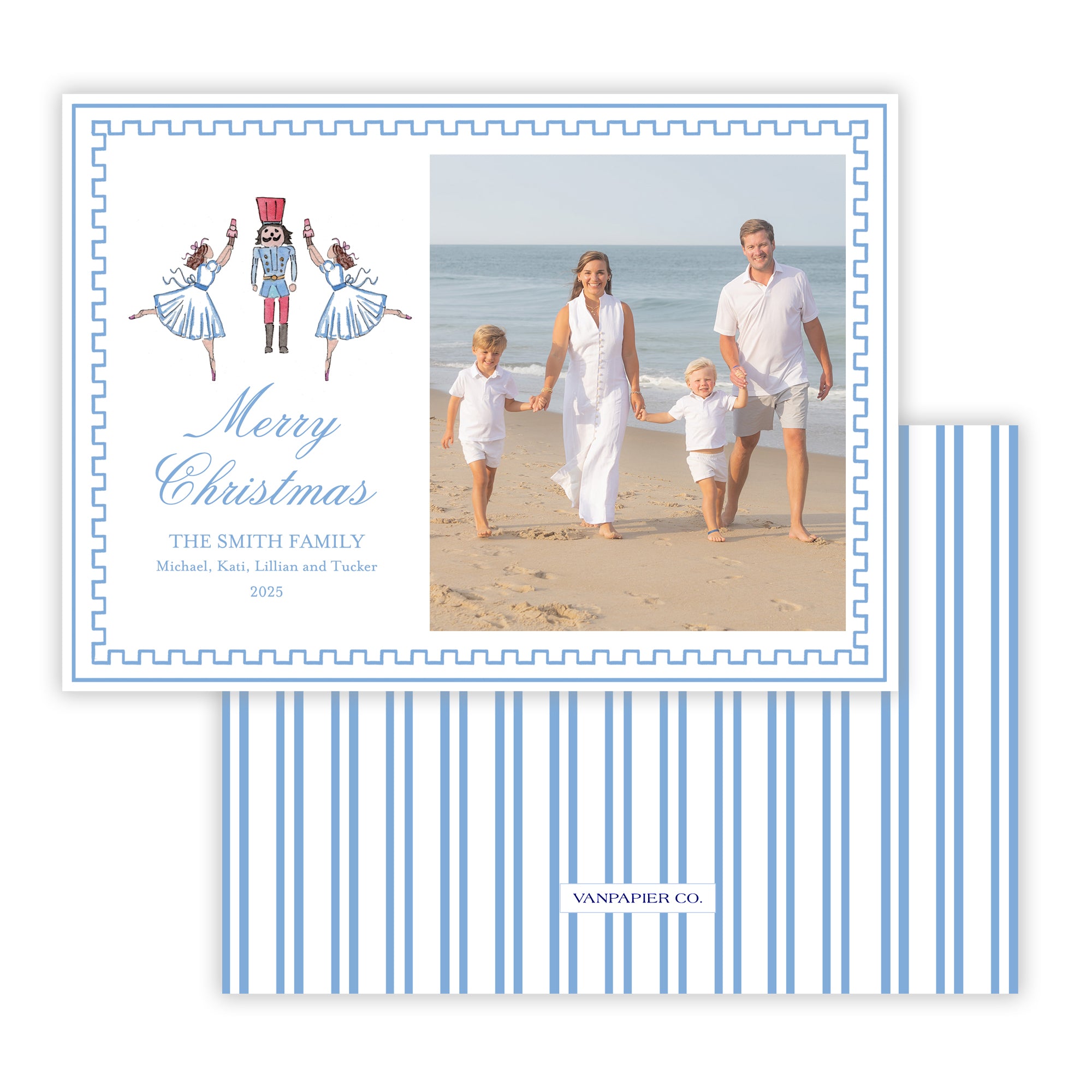 Holiday card with family photo and Nutcracker illustrations on a white background.