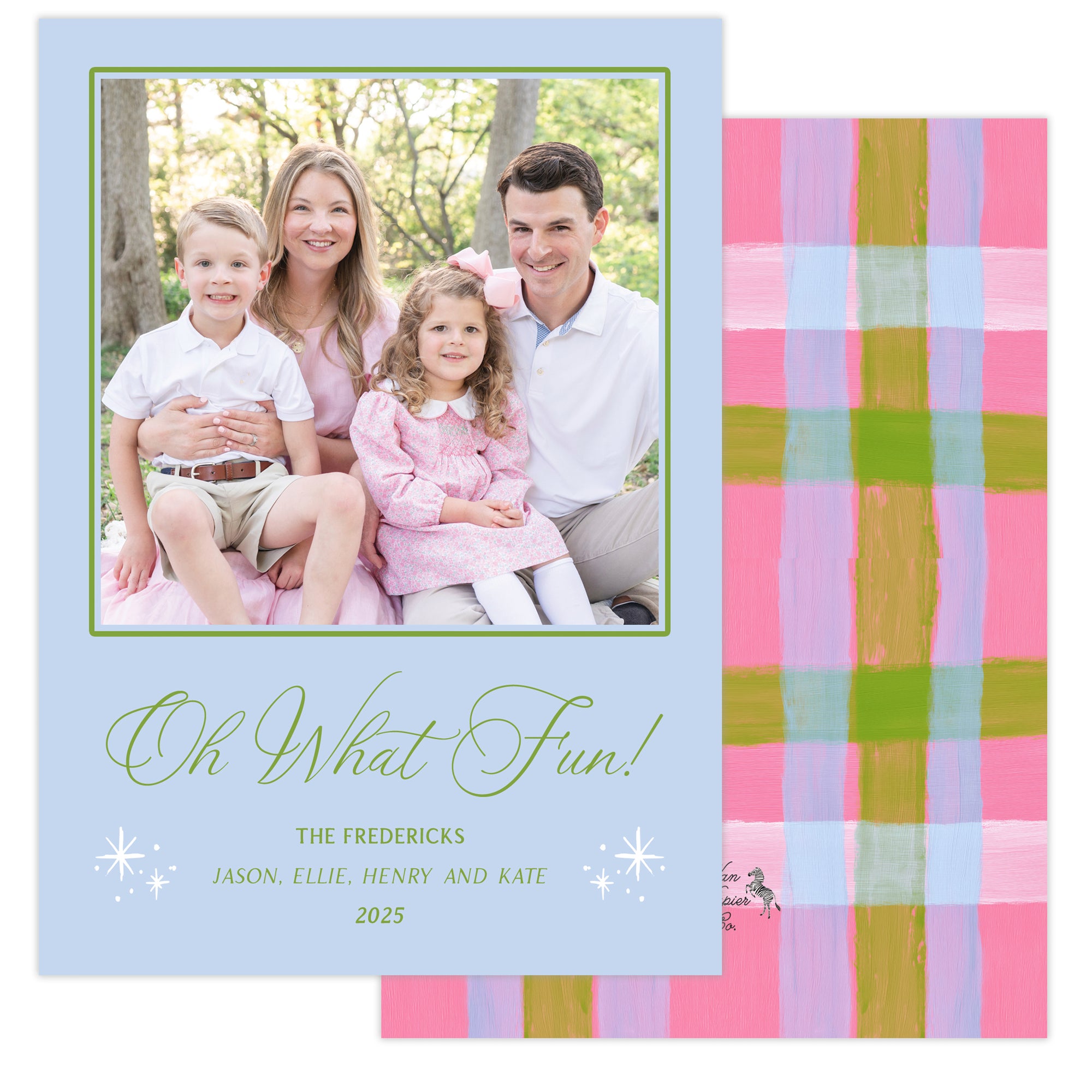 Family photo on a christmas card with 'Oh What Fun!' text and a colorful plaid pattern.