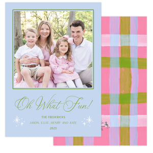 Family photo on a christmas card with 'Oh What Fun!' text and a colorful plaid pattern.