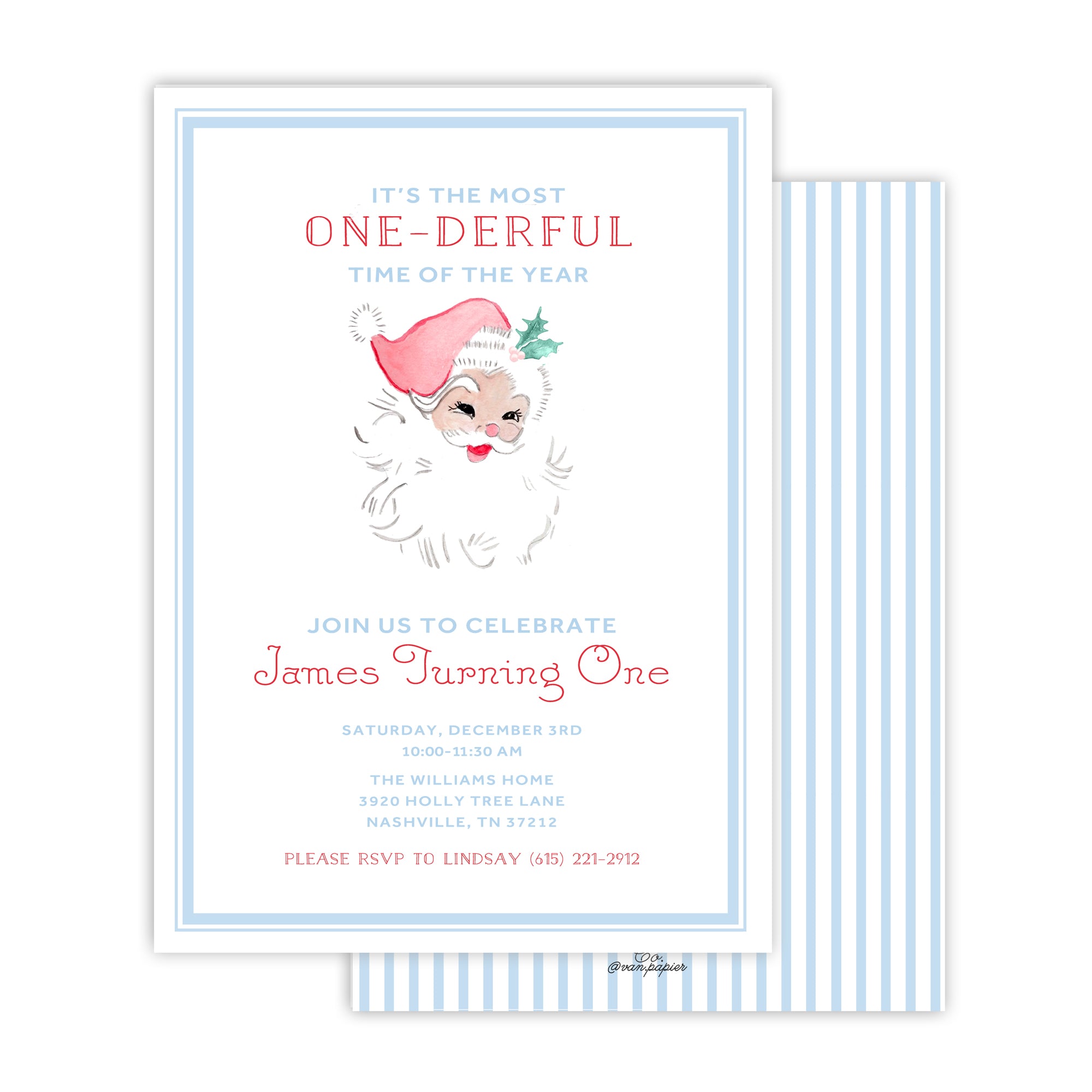 Blue Watercolor Santa Birthday Invitations