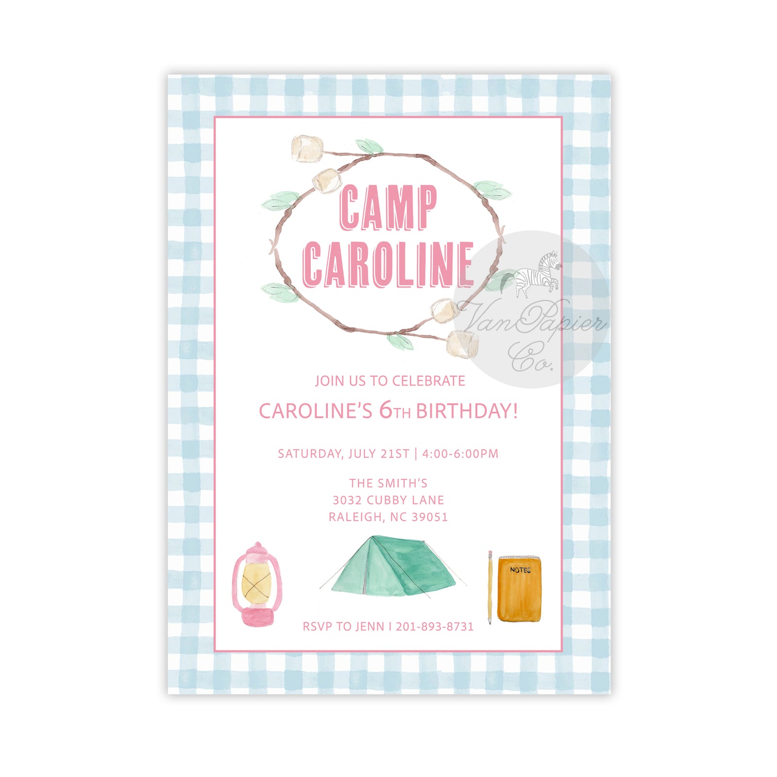 Pink Camp Birthday Invitation
