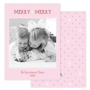 Pink Christmas card with modern design and starbursts featuring 'Merry Merry' text.