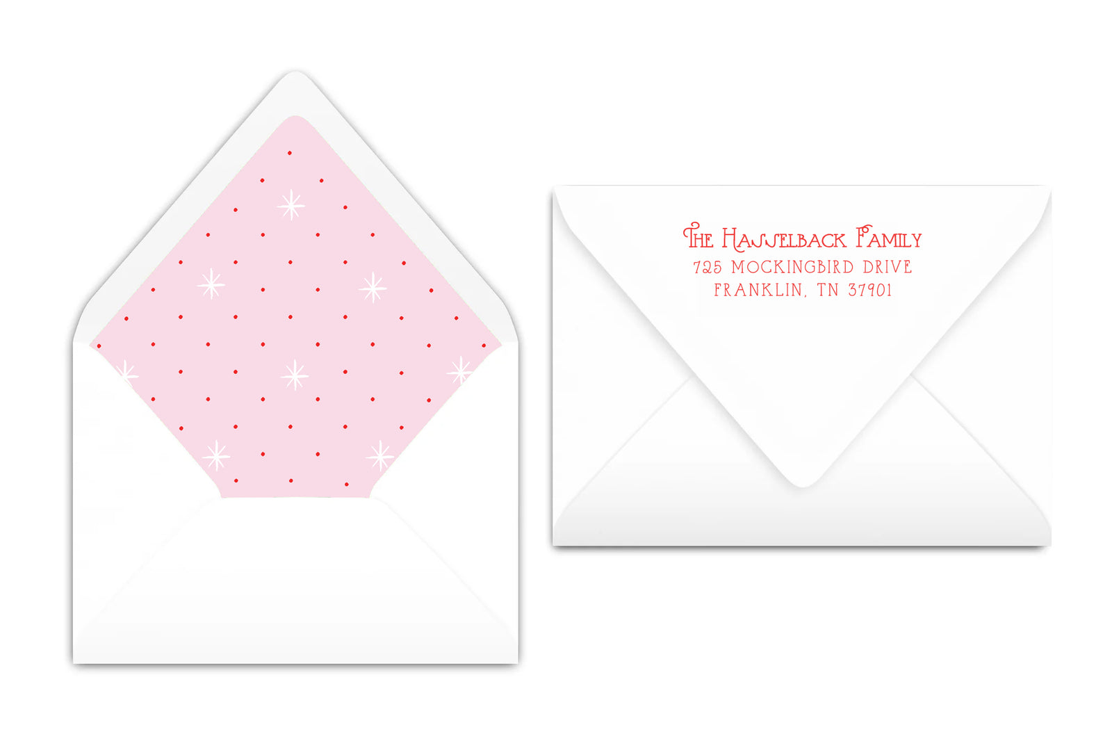 Pink Christmas card with modern design and starbursts featuring 'Merry Merry' text.