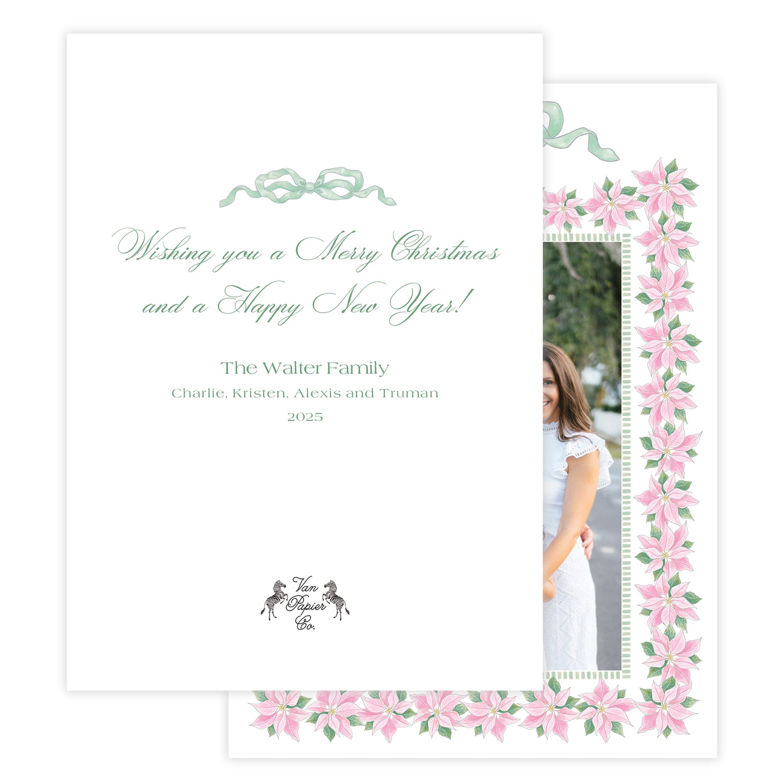 Christmas card with a family photo with decorative floral poinsettia frame and text on a white background.