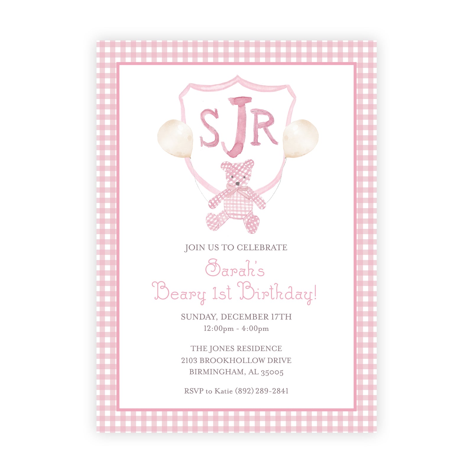 Pink Beary 1st Birthday Invitation