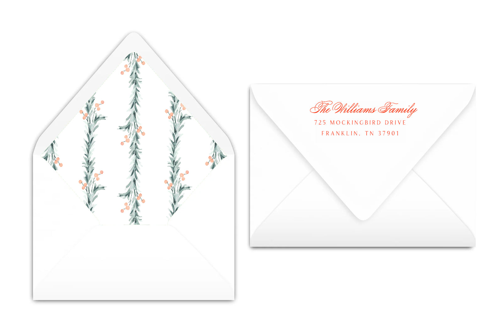 Christmas card with a family photo and decorative garland border and red bow.