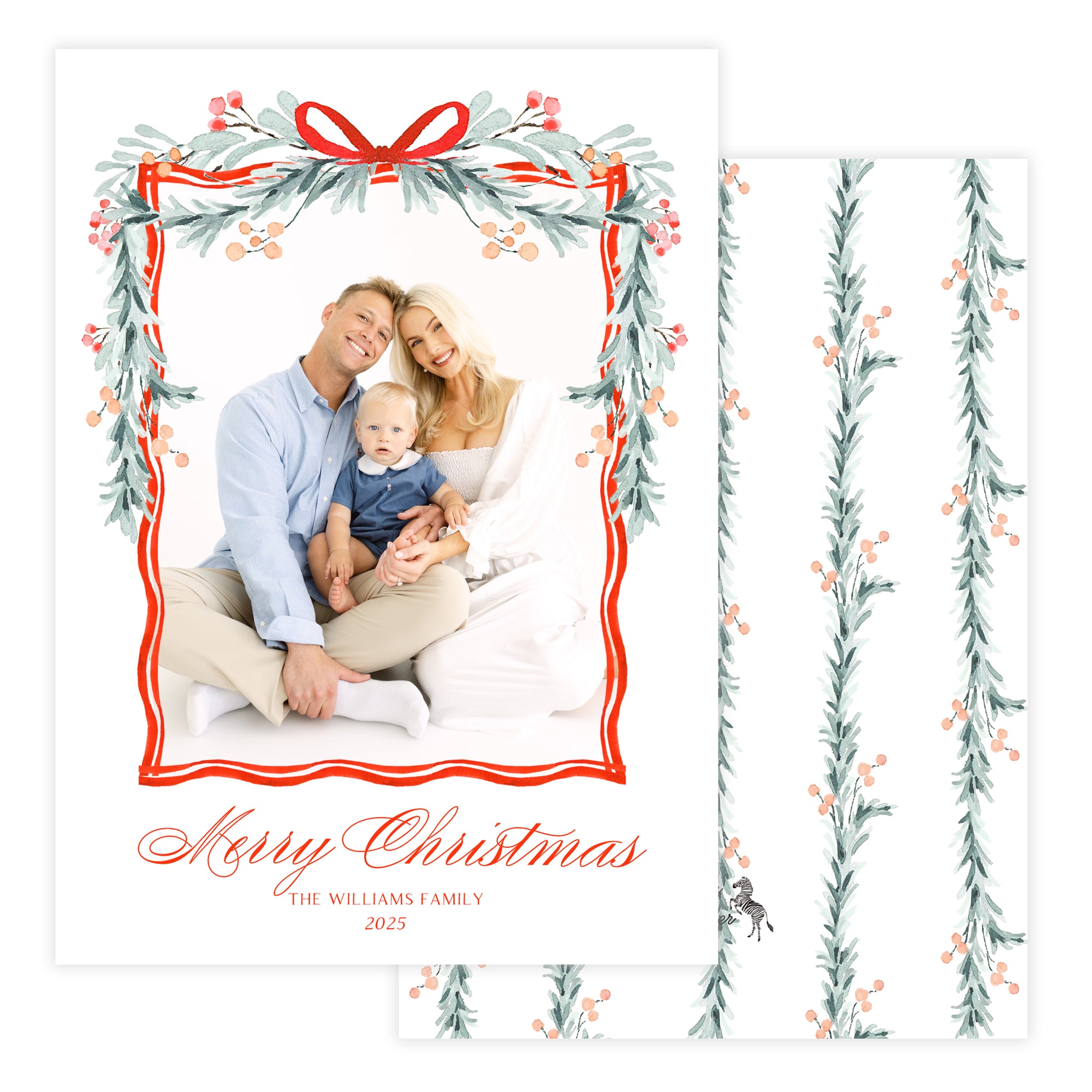 Christmas card with a family photo and decorative garland border and red bow.