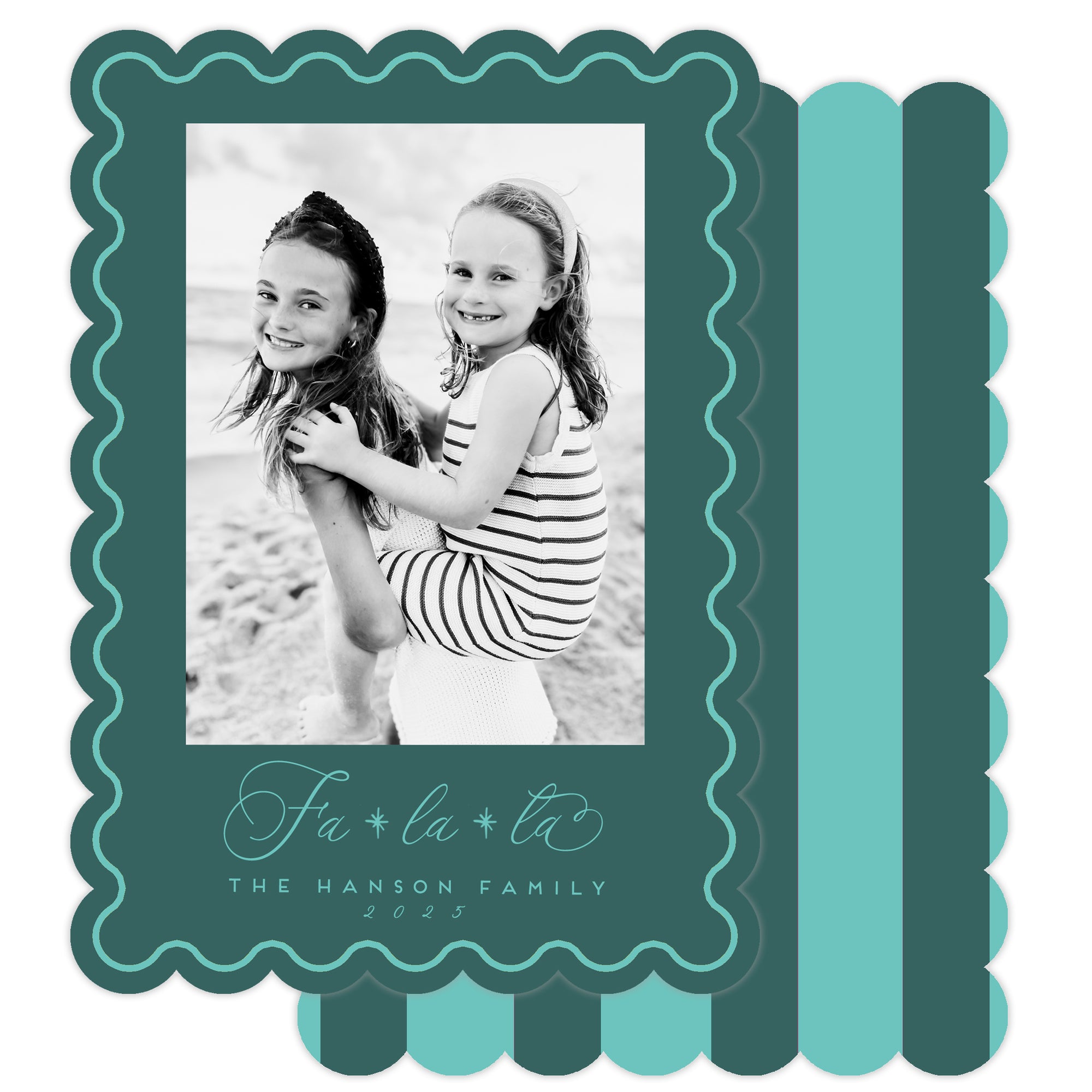 Teal Green Christmas Card with text of 'fa la la'