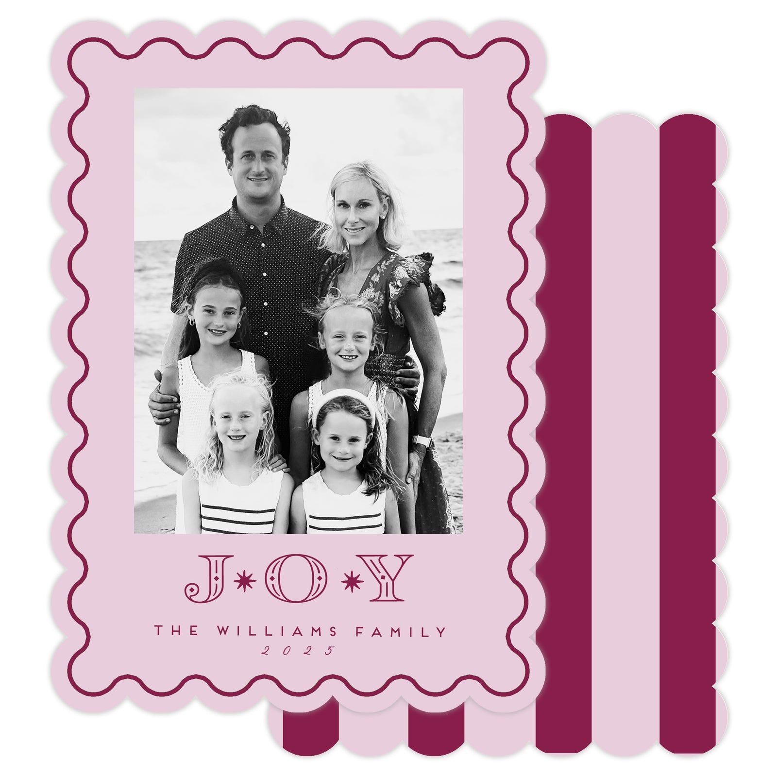 Family photo with 'JOY' text on a pink scalloped die cut border