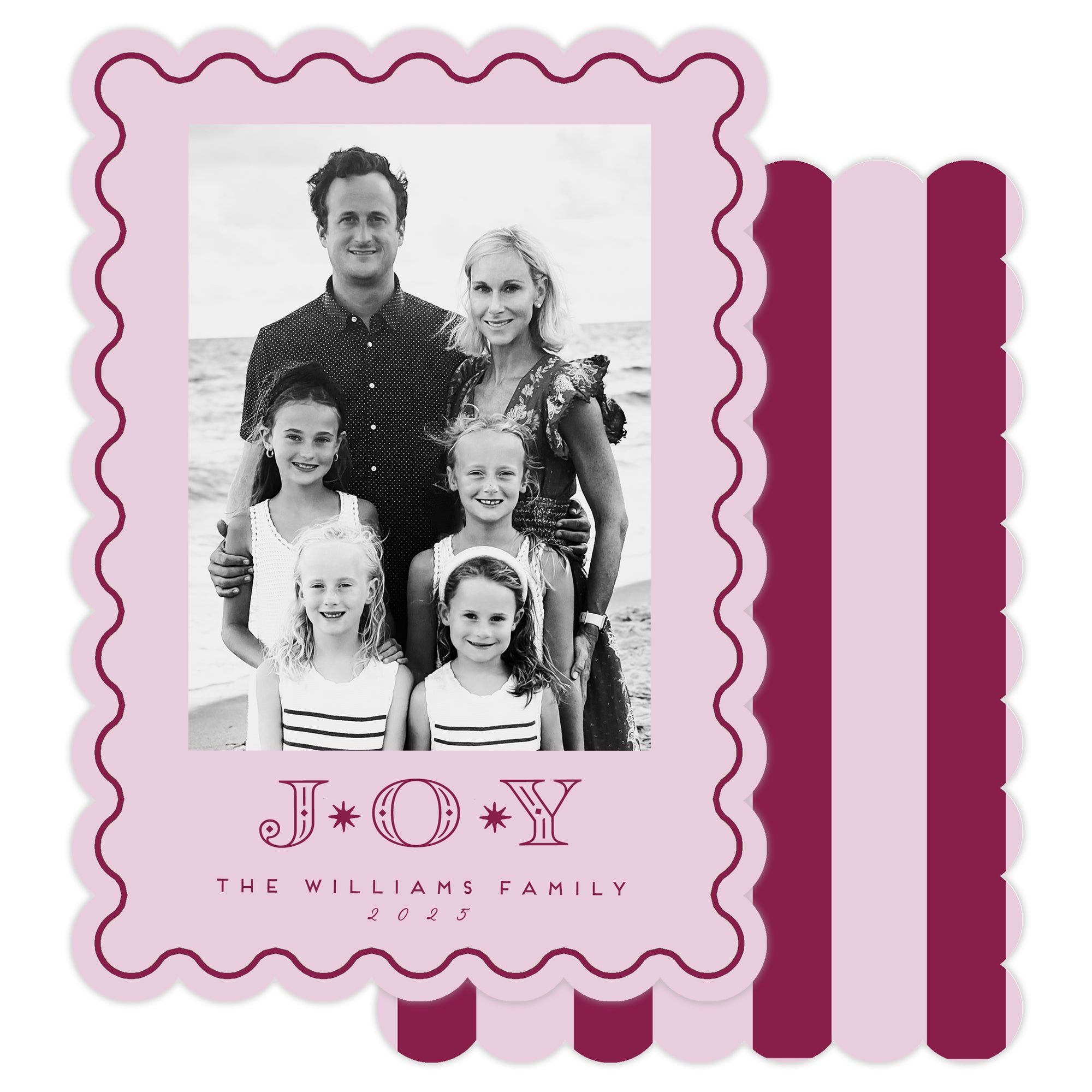 Family photo with 'JOY' text on a pink scalloped die cut border