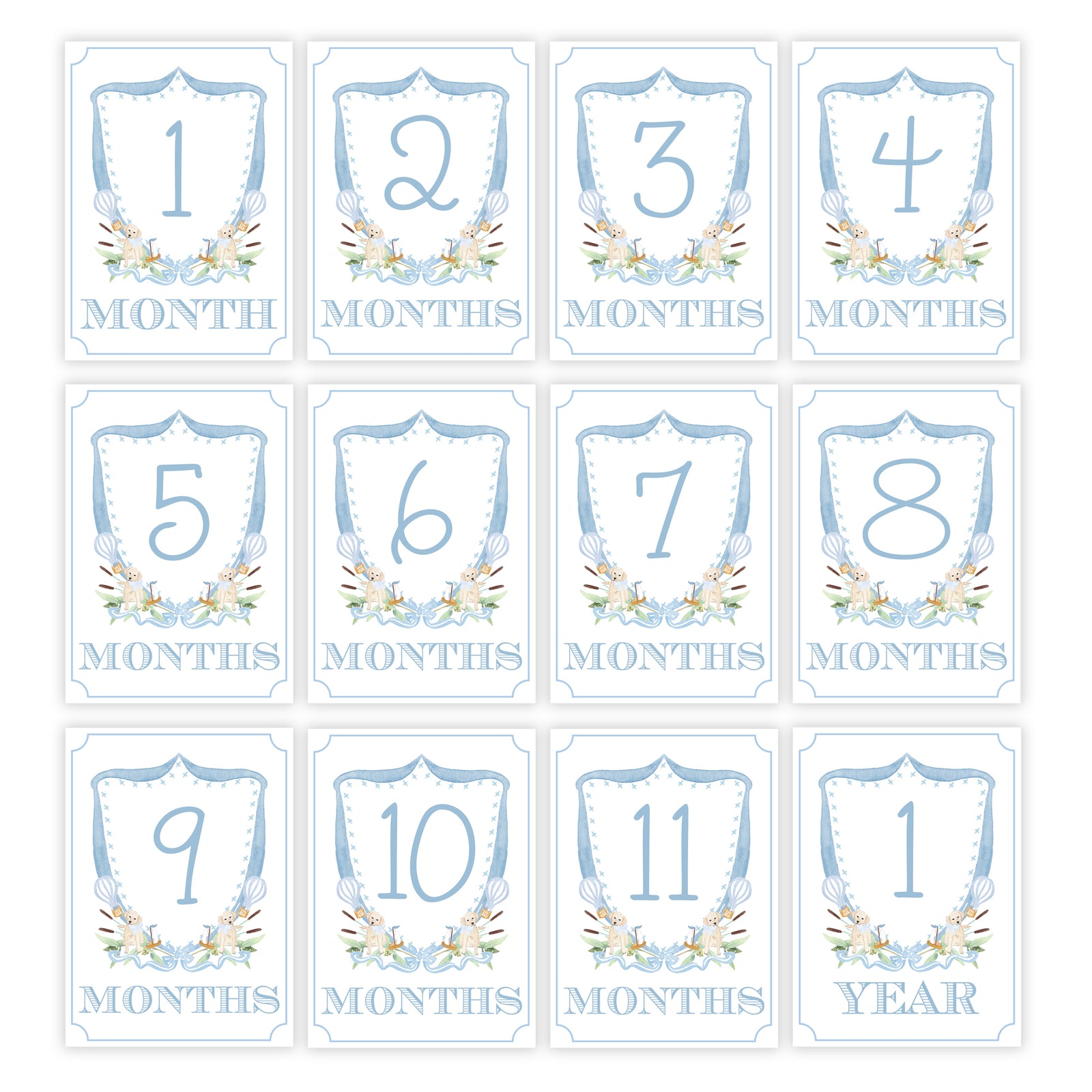 Boys Watercolor Puppy Crest Milestone Cards