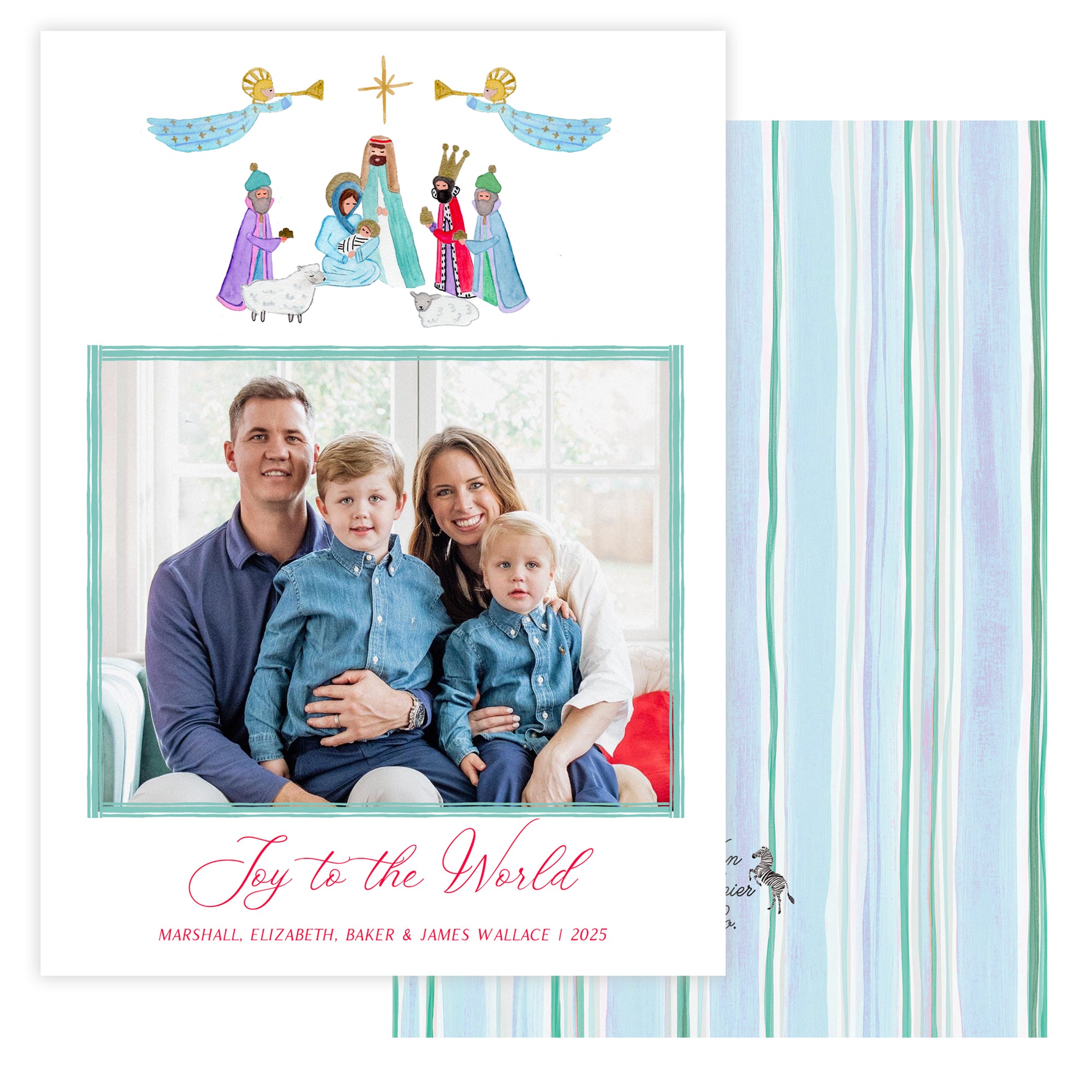 Holiday card with family photo and nativity scene illustration on a white background