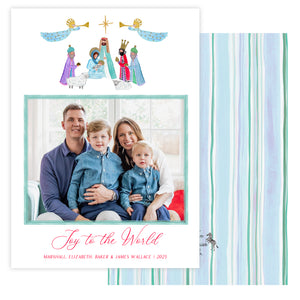 Holiday card with family photo and nativity scene illustration on a white background