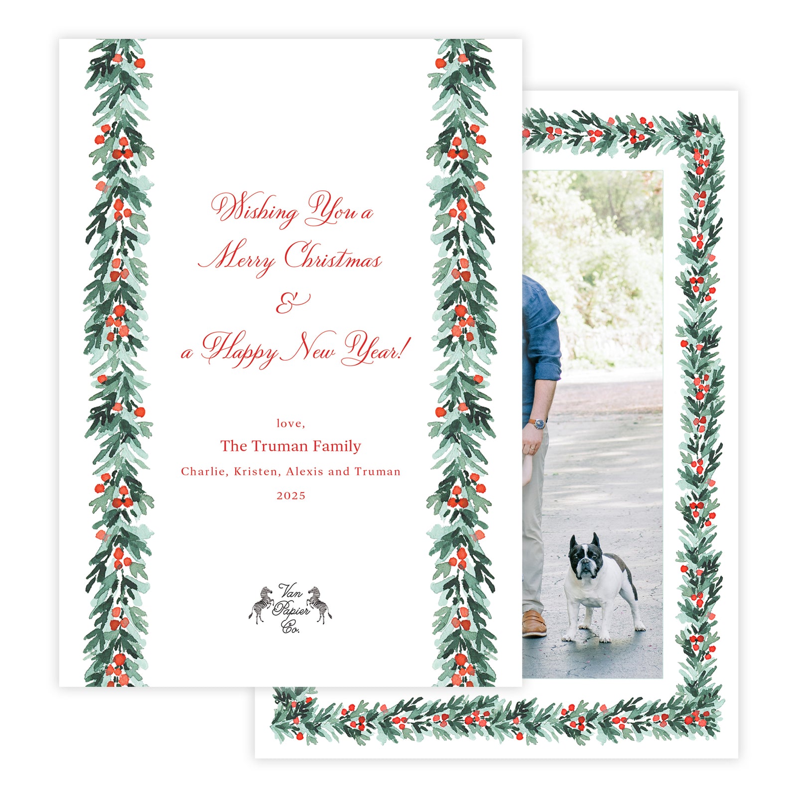 Family photo on a Christmas card with watercolor holly garland border.