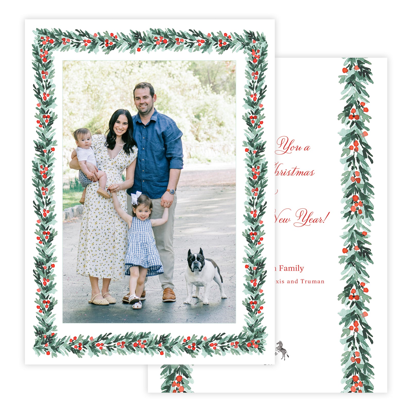 Family photo on a Christmas card with watercolor holly garland border.