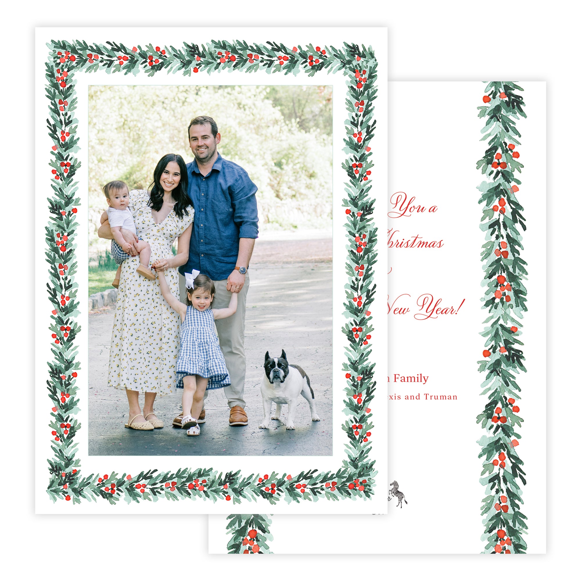 Family photo on a Christmas card with watercolor holly garland border.