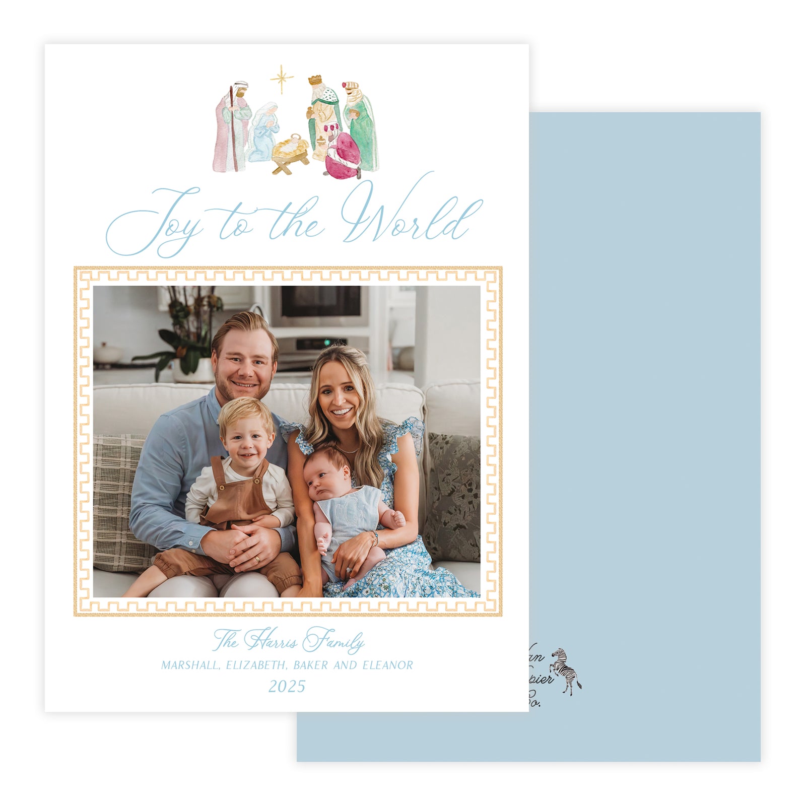 Family photo with watercolor nativity illustration and 'Joy to the World' text on a blue background