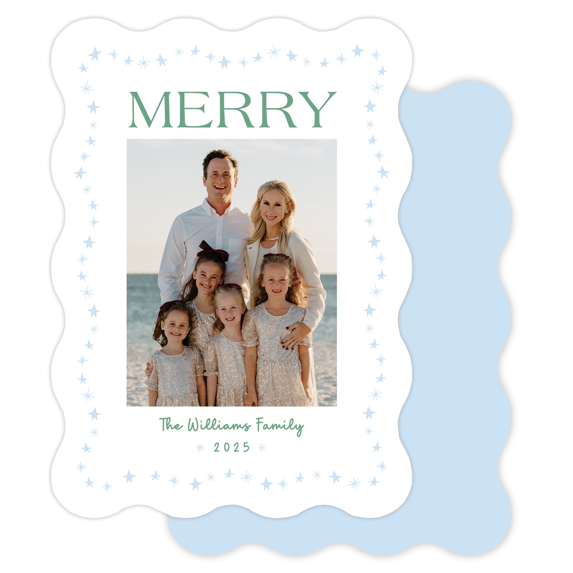 Wavy Die Cut Star Border Christmas Card with family photo.