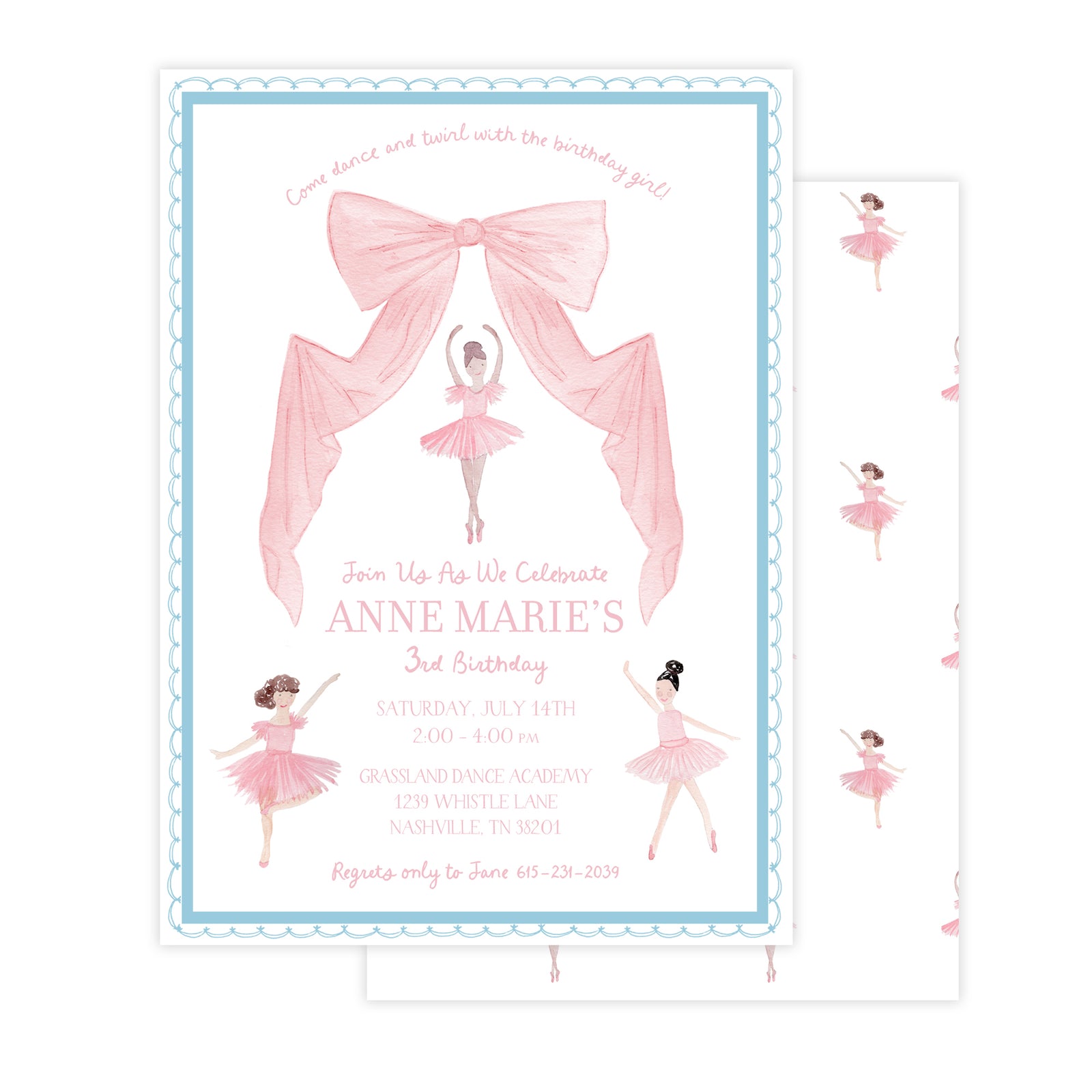 Watercolor Bow Ballerina Birthday Invitation