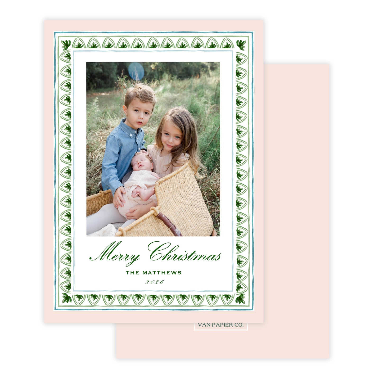 Green and Pink Border Christmas Card