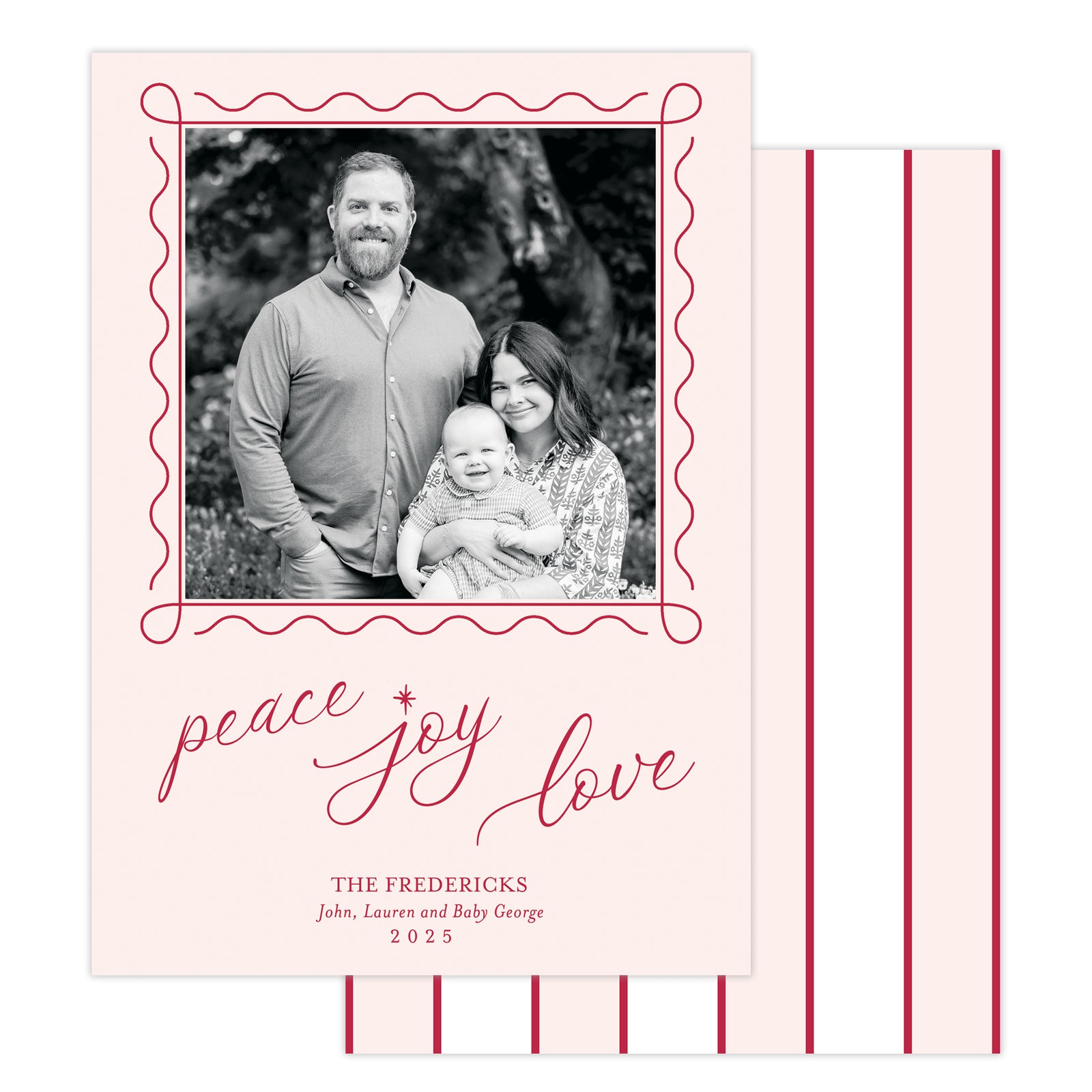 Holiday card with family photo and 'peace joy love' text on a pink background