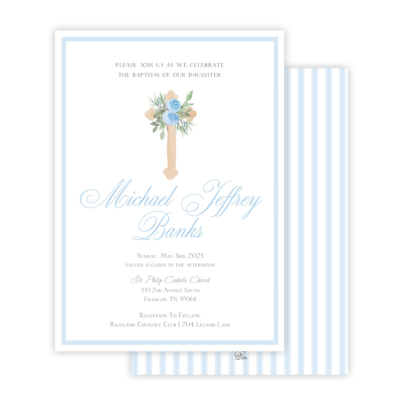 Watercolor Blue Floral Cross Baptism Invitation