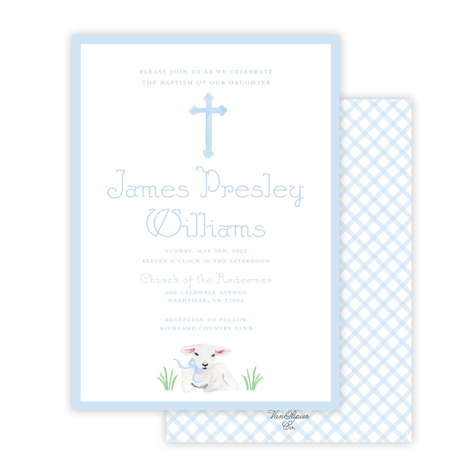 Watercolor Lamb Blue Baptism Invitation